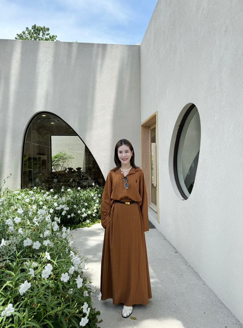 Summer Linen Stripes Shirts With Skirts and Belt